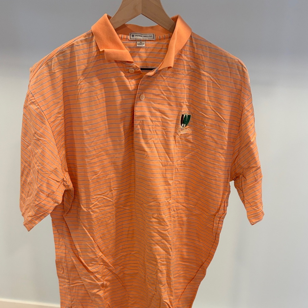 Peter Millar Orange Polo Shirt with Subtle blue Stripes Pine Valley